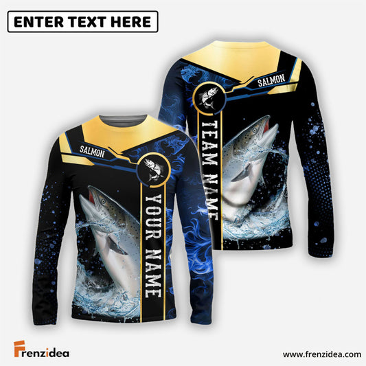 Frenzidea Salmon Fishing Golden With Blue Flame Pattern Custom Name & Team Name 3D Shirts
