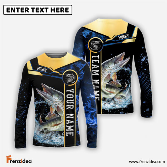 Frenzidea Musky Fishing Golden With Blue Flame Pattern Custom Name & Team Name 3D Shirts