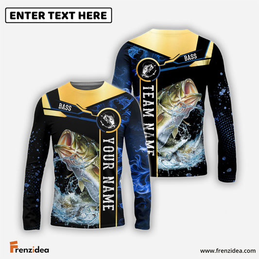 Frenzidea Bass Fishing Golden With Blue Flame Pattern Custom Name & Team Name 3D Shirts
