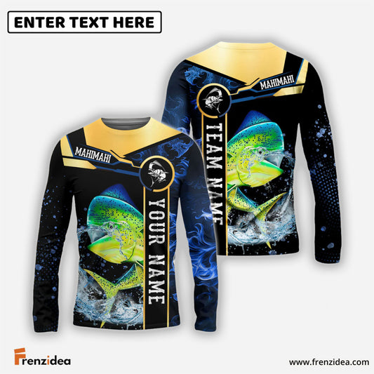 Frenzidea Mahimahi Fishing Golden With Blue Flame Pattern Custom Name & Team Name 3D Shirts