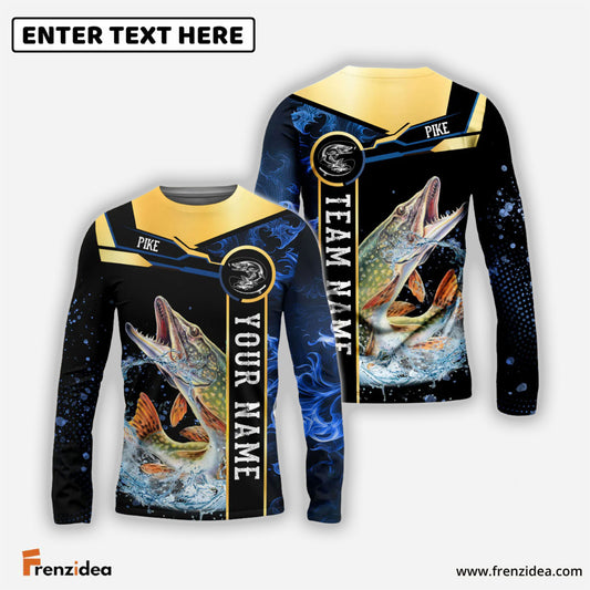 Frenzidea Pike Fishing Golden With Blue Flame Pattern Custom Name & Team Name 3D Shirts