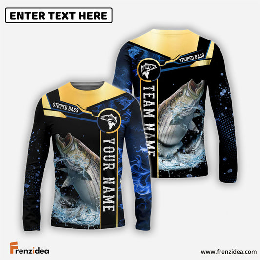 Frenzidea Striped Bass Fishing Golden With Blue Flame Pattern Custom Name & Team Name 3D Shirts