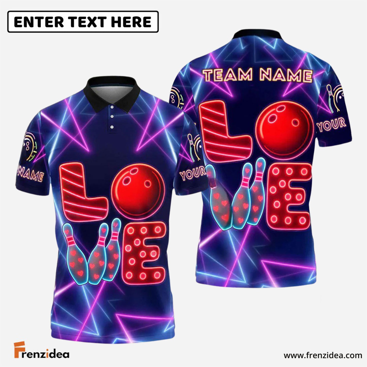 Frenzidea Bowling LOVE With Pins And Ball In Neon Design Customized Name, Team Name 3D Shirt