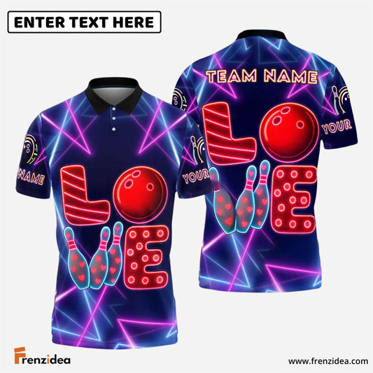 Frenzidea Bowling LOVE With Pins And Ball In Neon Design Customized Name, Team Name 3D Shirt