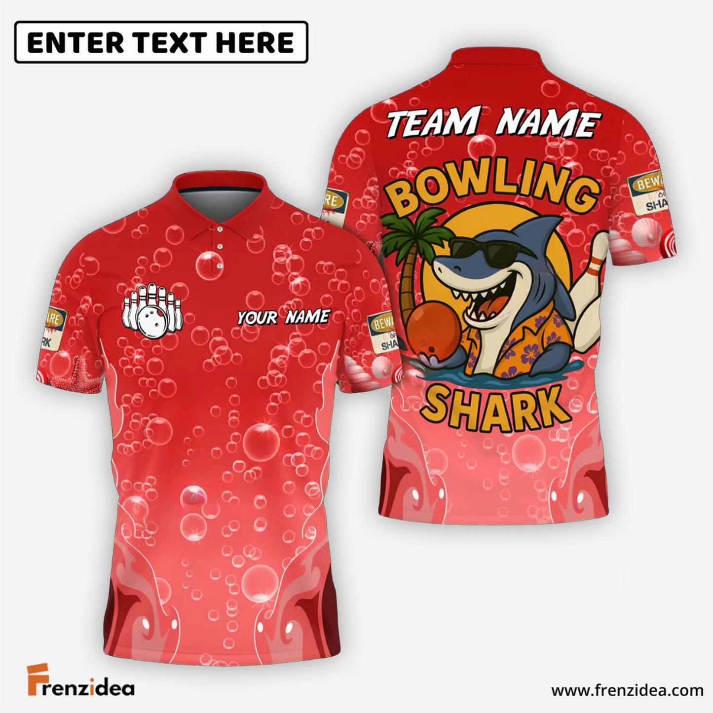 Frenzidea Bowling And Pins Funny Cartoon Shark, Bubble Design Customized Name 3D Shirt (4 Colors)