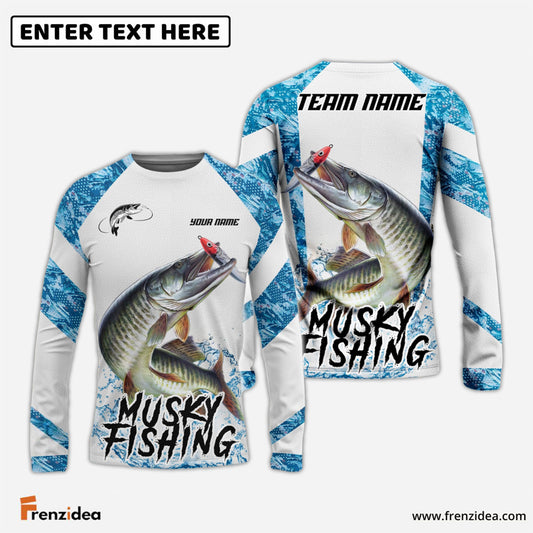 Frenzidea Musky Fishing Blue Camo White Pattern Sport Custom Name & Team Name 3D Shirts