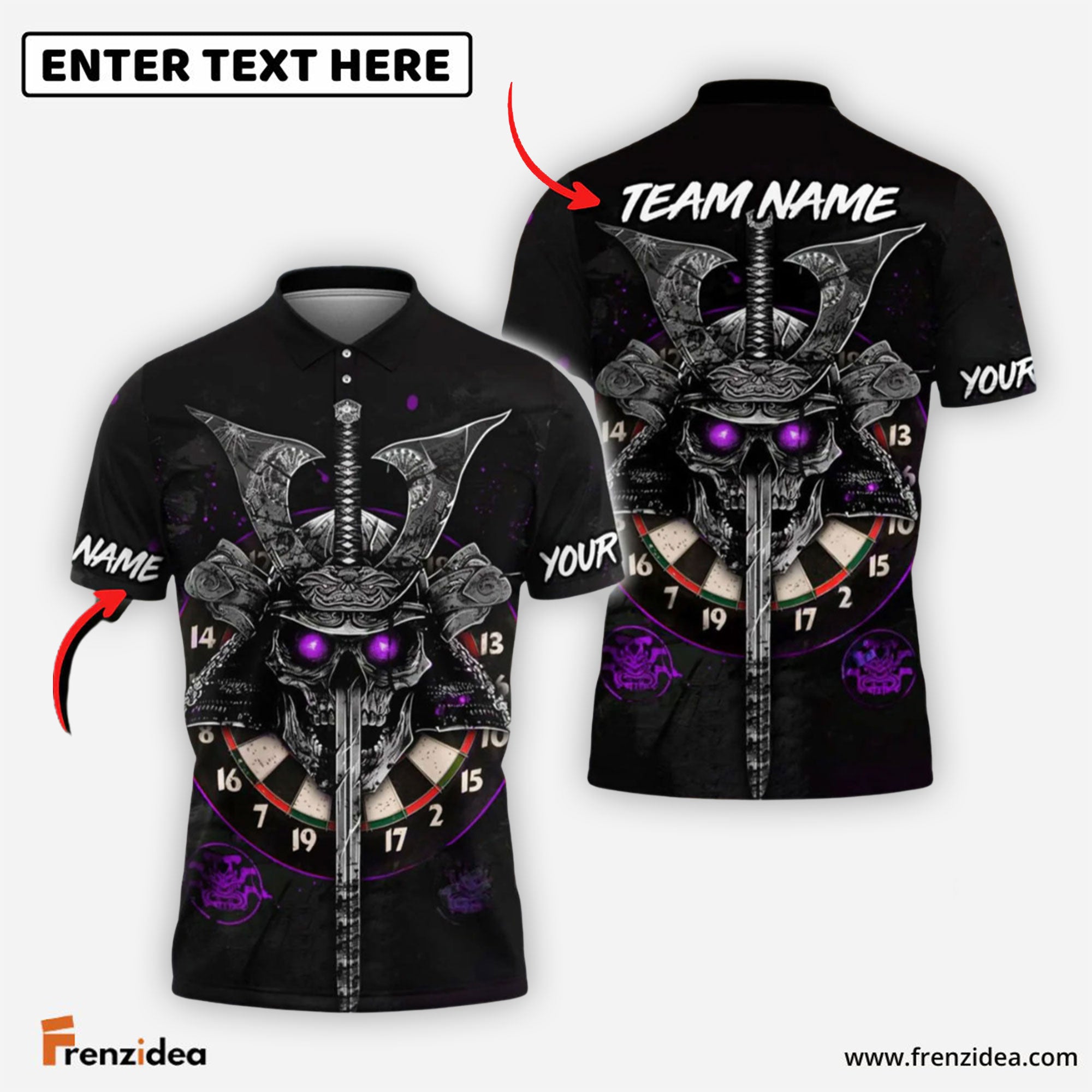 Frenzidea Darts Skull Samurai Personalized Name, Team Name Shirt (4 Colors)