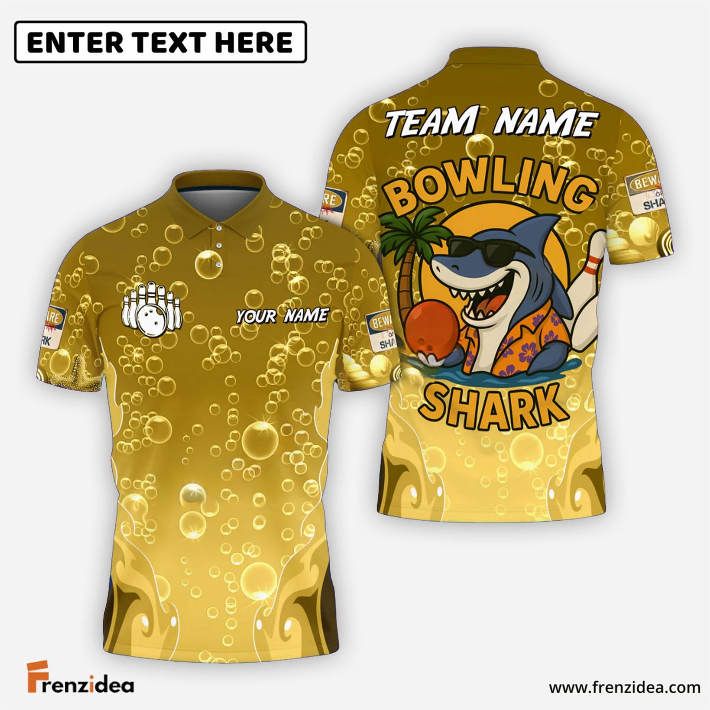 Frenzidea Bowling And Pins Funny Cartoon Shark, Bubble Design Customized Name 3D Shirt (4 Colors)