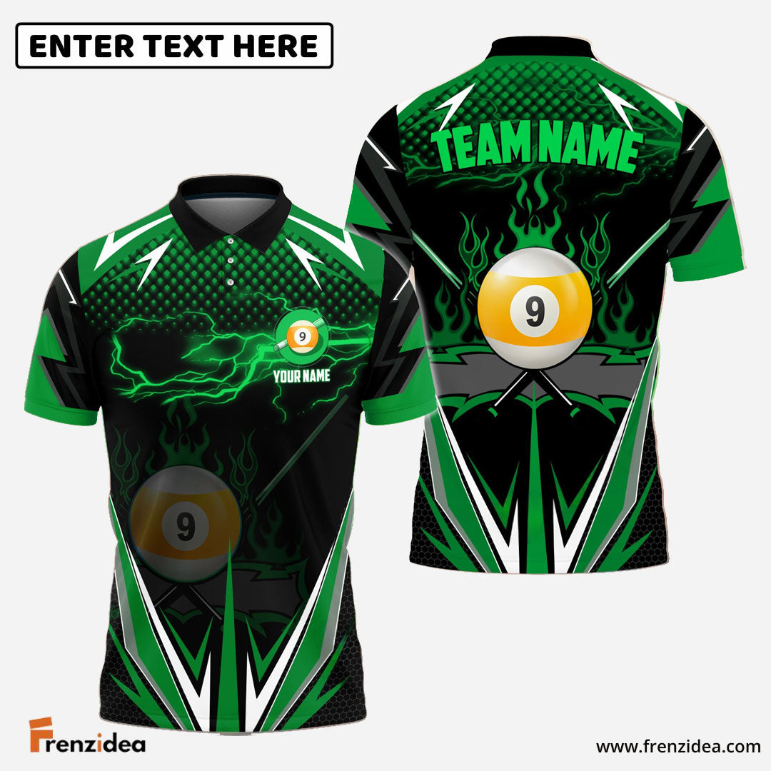 Frenzidea 9 Ball Green Fire Personalized Name, Team Name Unisex Shirt