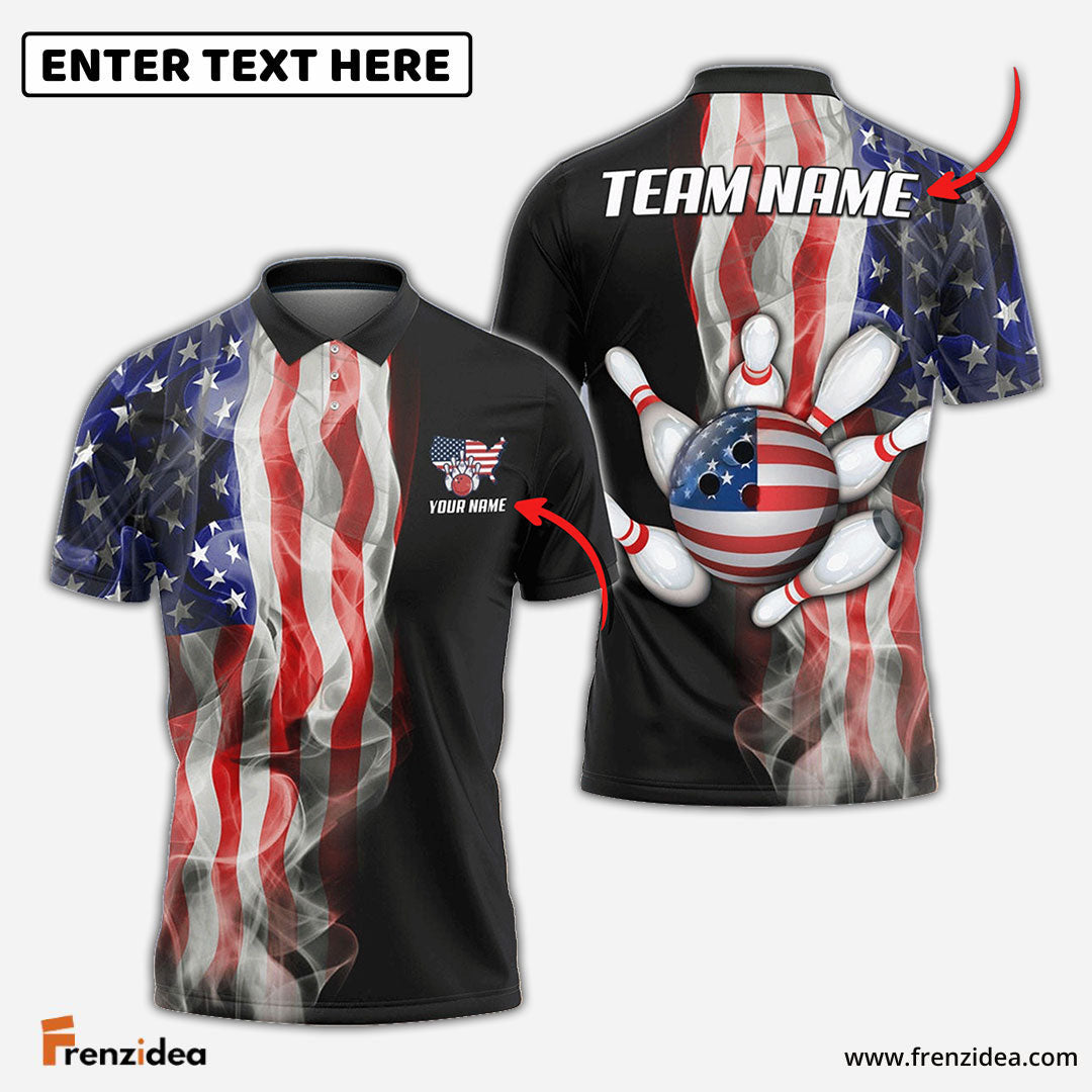 Frenzidea Bowling And Pins American Smoke Flag Customized Name, Team Name 3D Shirt