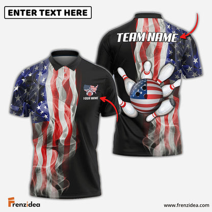 Frenzidea Bowling And Pins American Smoke Flag Customized Name, Team Name 3D Shirt