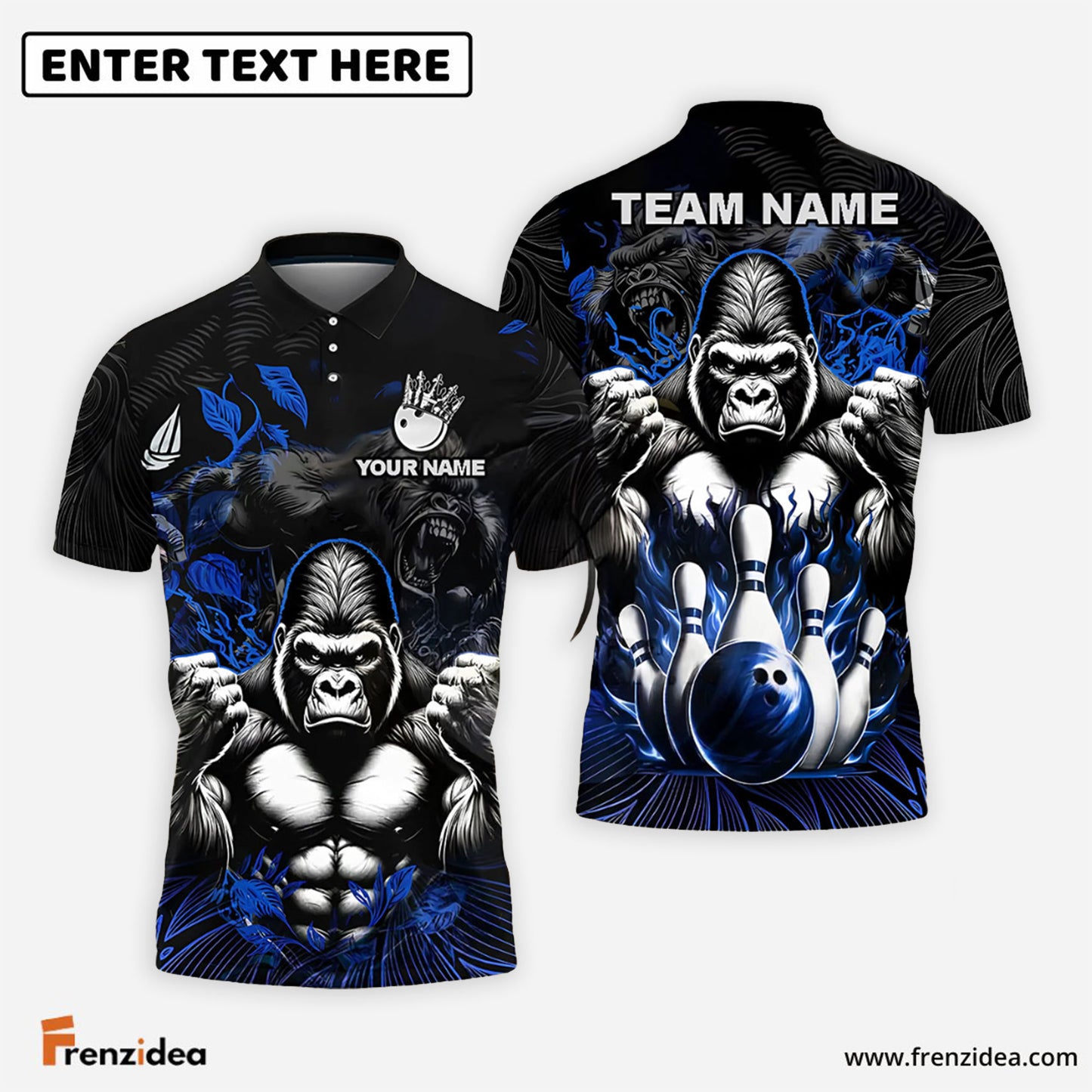 Frenzidea Bowling And Pins Gorilla Strike Customized Name, Team Name 3D Shirt (4 Colors)