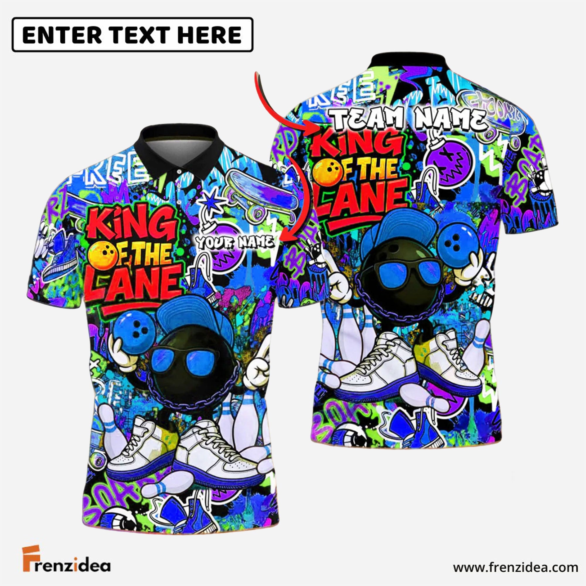 Frenzidea Bowling King of the Lane Graffiti Style Customized Name, Team Name 3D Shirt (4 Colors)