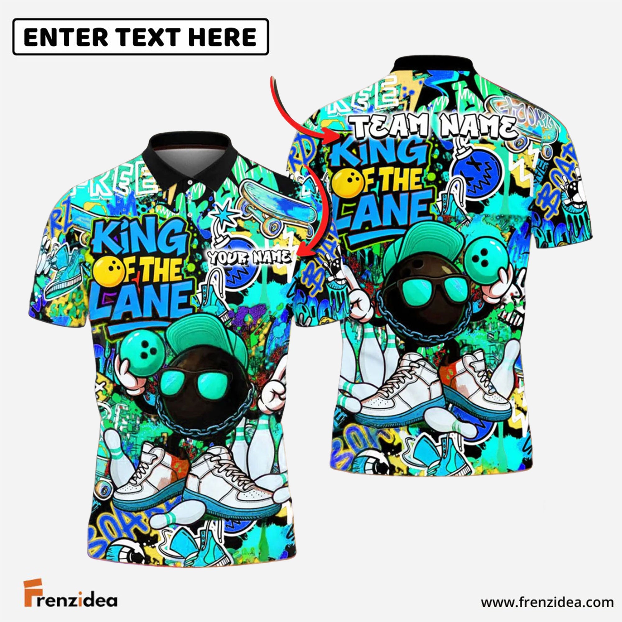 Frenzidea Bowling King of the Lane Graffiti Style Customized Name, Team Name 3D Shirt (4 Colors)