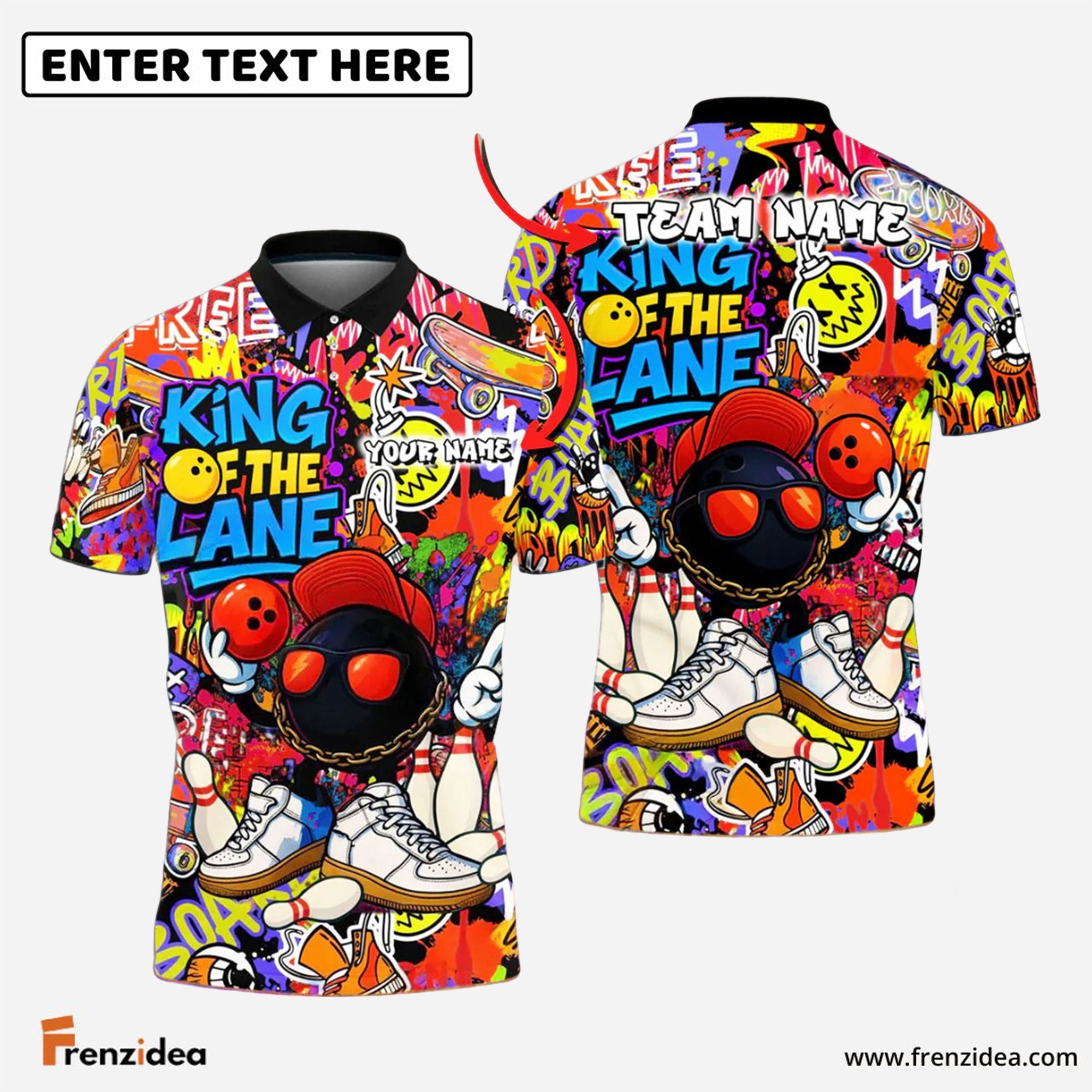 Frenzidea Bowling King of the Lane Graffiti Style Customized Name, Team Name 3D Shirt (4 Colors)