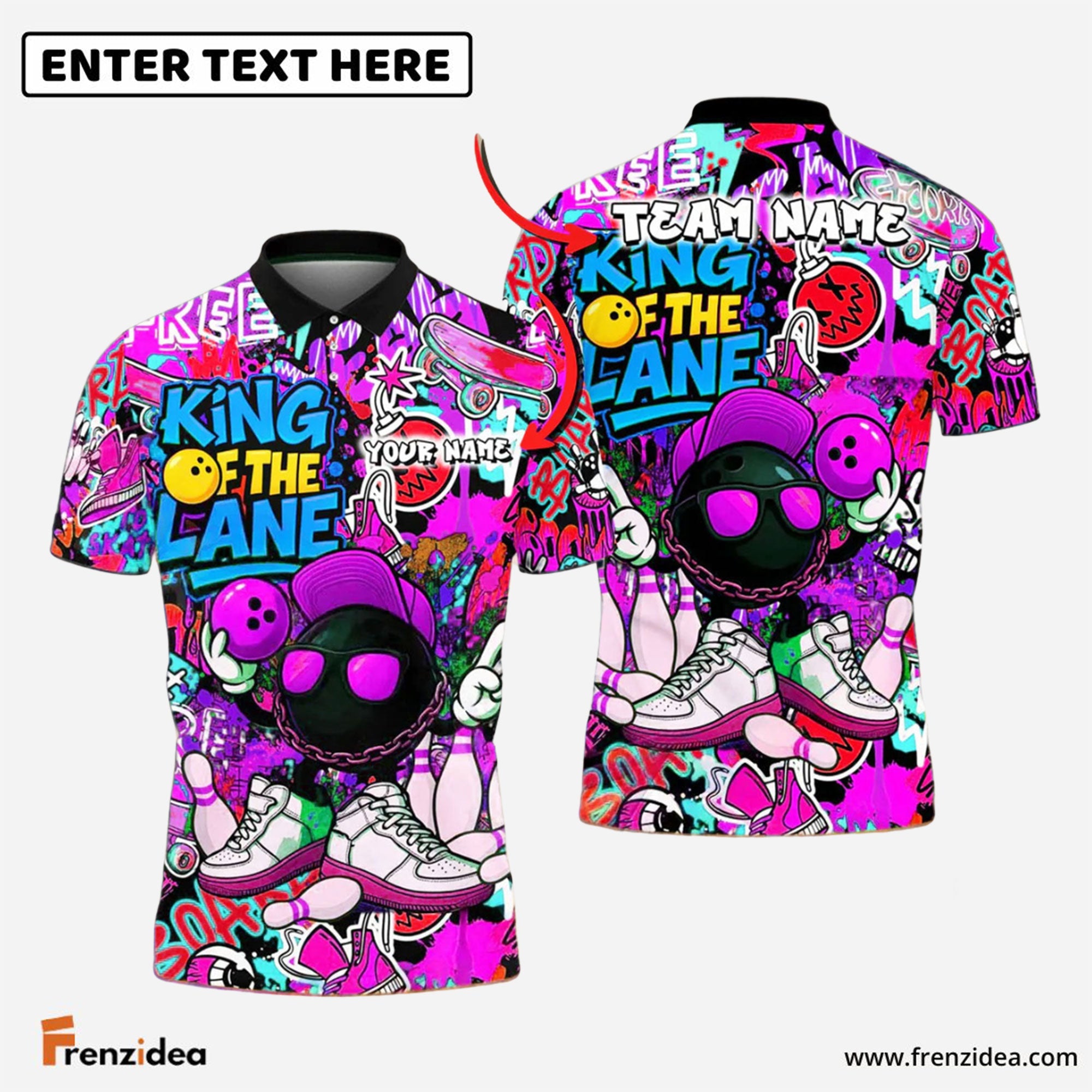 Frenzidea Bowling King of the Lane Graffiti Style Customized Name, Team Name 3D Shirt (4 Colors)
