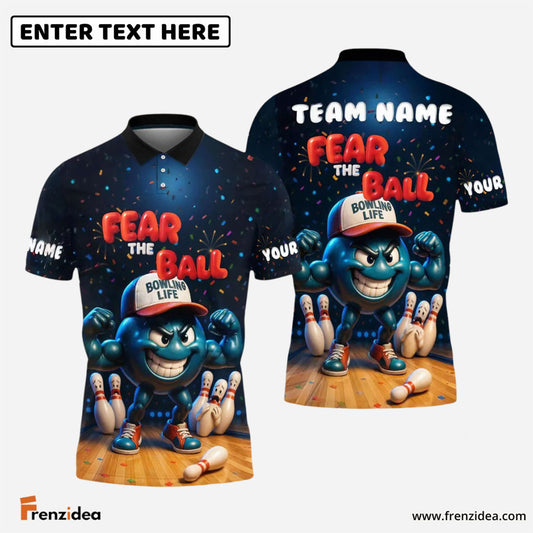 Frenzidea Bowling Fear the Ball Cartoon Power Style Customized Name, Team Name 3D Shirt (4 Colors)