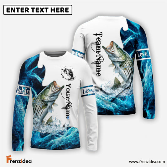 Frenzidea Customize Name, Team Name Striped Bass Fishing Water & White 3D Shirts