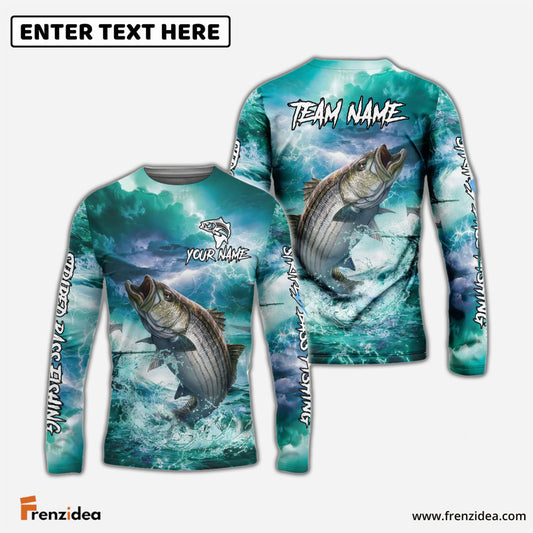Frenzidea Striped Bass Fishing Teal Thunderstorm Name & Team Name 3D Shirts