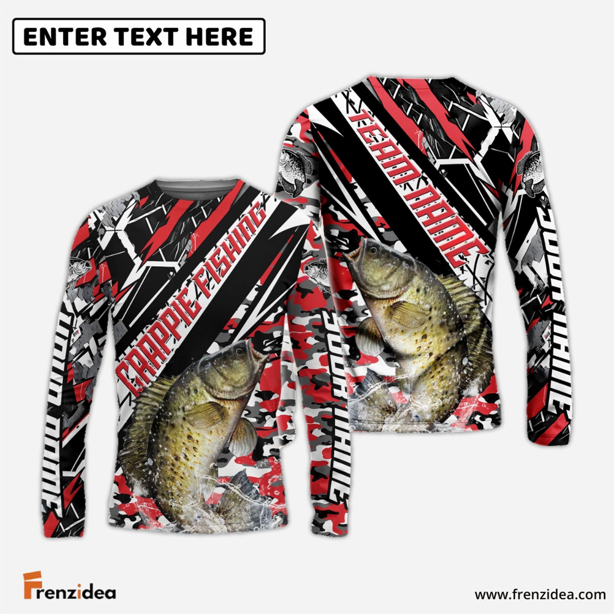 Frenzidea Crappie Fishing Red Grunge Camo Custom Name & Team Name 3D Shirts