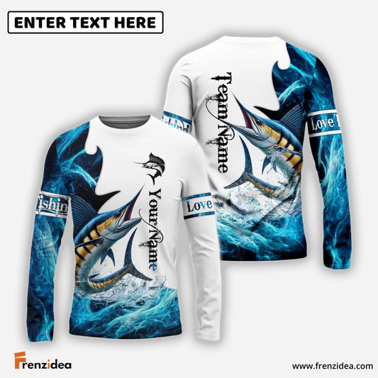 Frenzidea Customize Name, Team Name Marlin Fishing Water & White 3D Shirts
