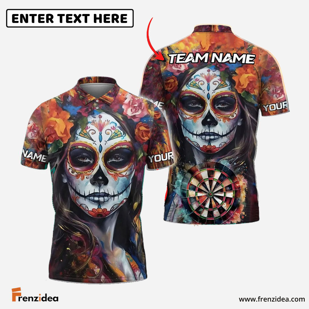 Frenzidea Darts Day of the Dead Skull Girl Personalized Name, Team Name 3D Shirt (4 Colors)